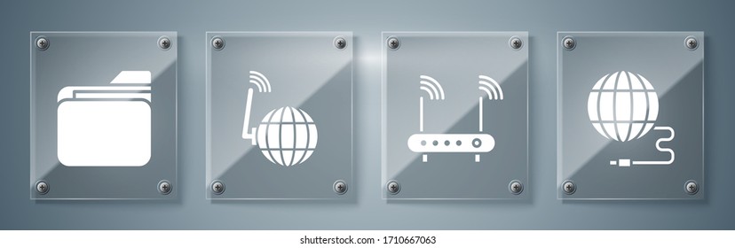 Set Social network, Router and wi-fi signal, Social network and Document folder. Square glass panels. Vector