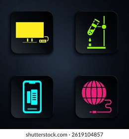 Set Social network, Smart Tv, Smartphone, mobile phone and Test tube flask on fire. Black square button. Vector