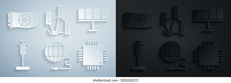 Set Social network, Solar energy panel, Syringe, Processor with microcircuits CPU, Computer and Video graphic card icon. Vector