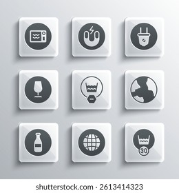 Set Social network, Temperature wash, Worldwide, Delicate, Bottle, Fragile broken glass, Microwave oven and Electric plug icon. Vector