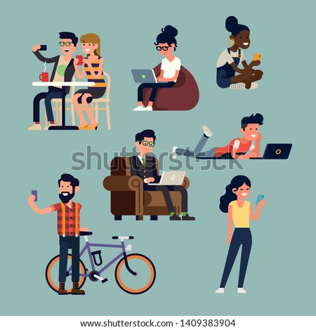 Set of social network themed illustration with diverse group of people using mobile devices, computers and smart phones. Group of people using public wireless internet access