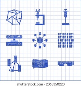 Set Social network, Video graphic card, Smart glasses, Binary code, Computer, Motion sensor, Syringe and Neural icon. Vector
