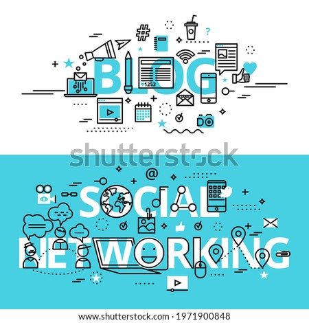 Set of Social Networking and Blog concepts, modern flat thin line design vector illustration, for graphic and web design