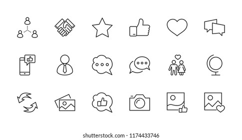 Set of Social Networks Related Vector Line Icons. Contains such Icons as Profile Page, Rating, Social Links and more. Editable Stroke. 32x32 Pixel Perfect.