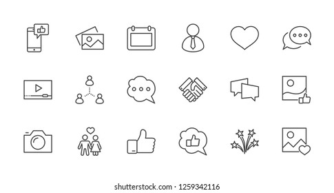 Set of Social Networks Related Vector Line Icons. Contains such Icons as Profile Page, Rating, Social Links and more. Editable Stroke. 32x32 Pixel Perfect.