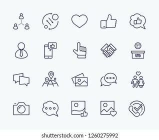 Set of Social Networks Related Vector Line Icons. Contains such Icons as Profile Page, Rating, Social Links and more. Editable Stroke. 32x32 Pixel Perfect.