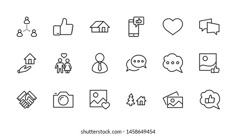 Set of Social Networks Related Vector Line Icons. Contains such Icons as Profile Page, Rating, Social Links and more. Editable Stroke. 32x32 Pixel Perfect.