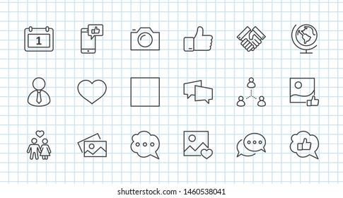 Set of Social Networks Related Vector Line Icons. Contains such Icons as Profile Page, Rating, Social Links and more. Editable Stroke. 32x32 Pixel Perfect.
