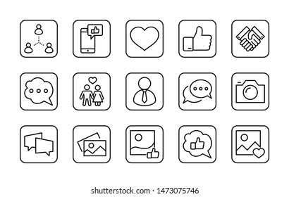 Set of Social Networks Related Vector Line Icons. Contains such Icons as Profile Page, Rating, Social Links and more. Editable Stroke. 32x32 Pixel Perfect.