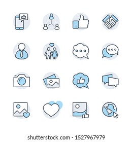 Set of Social Networks Related Vector Line Icons. Contains such Icons as Profile Page, Rating, Social Links and more. Editable Stroke. 32x32 Pixel Perfect.