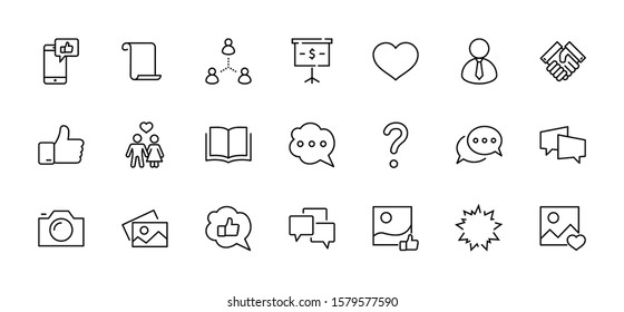 Set of Social Networks Related Vector Line Icons. Contains such Icons as Profile Page, Rating, Social Links and more. Editable Stroke. 32x32 Pixel Perfect.