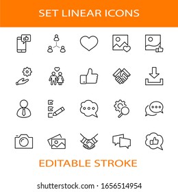 Set of Social Networks Related Vector Line Icons. Contains such Icons as Profile Page, Rating, Social Links and more. Editable Stroke. 32x32 Pixels