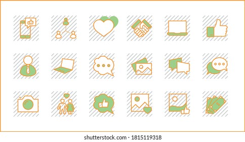 Set of Social Networks Related Vector Line Icons. Contains such Icons as Profile Page, Rating, Social Links and more. Editable Stroke. Pixel Perfect.