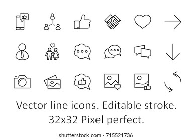 Set of Social Networks Related Vector Line Icons. Contains such Icons as Profile Page, Rating, Social Links and more. Editable Stroke. 32x32 Pixel Perfect.