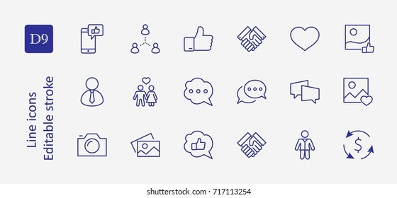 Set of Social Networks Related Vector Line Icons. Contains such Icons as Profile Page, Rating, Social Links and more. Editable Stroke. 32x32 Pixel Perfect.