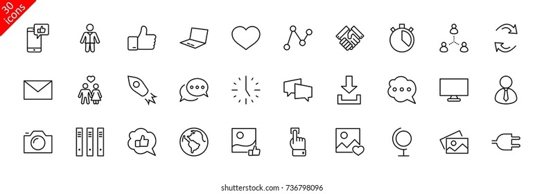 Set of Social Networks Related Vector Line Icons. Contains such Icons as Profile Page, Rating, Social Links and more. Editable Stroke. 32x32 Pixel Perfect.