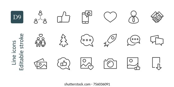 Set of Social Networks Related Vector Line Icons. Contains such Icons as Profile Page, Rating, Social Links and more. Editable Stroke. 32x32 Pixel Perfect.