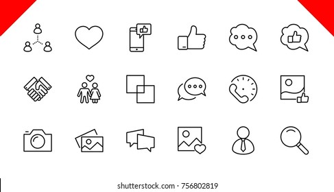 Set of Social Networks Related Vector Line Icons. Contains such Icons as Profile Page, Rating, Social Links and more. Editable Stroke. 32x32 Pixel Perfect.