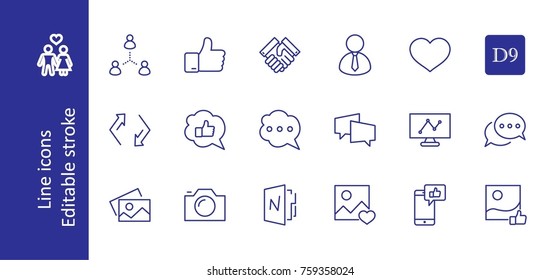 Set of Social Networks Related Vector Line Icons. Contains such Icons as Profile Page, Rating, Social Links and more. Editable Stroke. 32x32 Pixel Perfect.