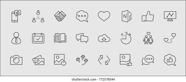 Set of Social Networks Related Vector Line Icons. Contains such Icons as Profile Page, Rating, Social Links and more. Editable Stroke. 32x32 Pixel Perfect.
