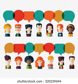 Set of social people icons with colorful dialog speech bubbles. Male and female faces avatars in modern design style. Communication, chat, assistance, interpretation and connection vector concept