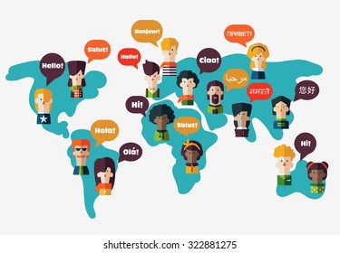 Set of social people on World map with speech bubbles in different languages. Male and female faces avatars. Communication, chat, assistance, interpretation and people connection vector concept