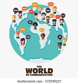 Set of social people on World map with speech bubbles in different languages. Male and female faces avatars. Communication, chat, assistance, interpretation and people connection vector concept