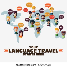 Set of social people on World map with speech bubbles in different languages. Male and female faces avatars. Communication, chat, assistance, interpretation and people connection vector concept