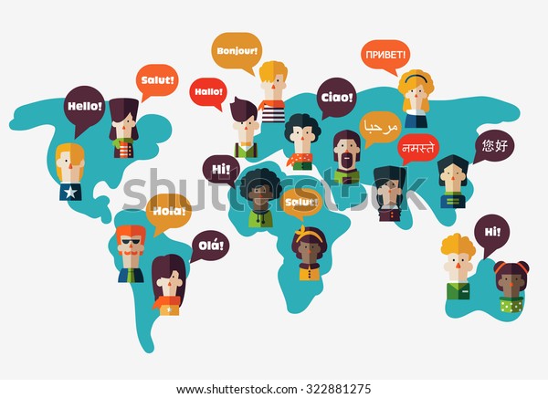 Набор социальных людей на карте мира с речевыми пузырями на разных языках. Мужчина и женщина лица аватары. Связь, чат, помощь, интерпретация и связь людей концепция вектора