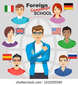 Set of social people with speech bubbles in different languages. Foreign language school persons. International languages people teaching communication translations, foreigners students, vector