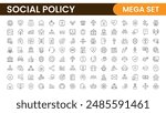 Set of Social Policy and Insuranceline icons. Outline icon collection related to education, insurance, law, goverment and more.