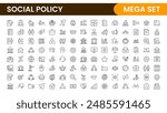 Set of Social Policy and Insuranceline icons. Outline icon collection related to education, insurance, law, goverment and more.