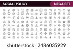 Set of Social Policy and Insuranceline icons. Outline icon collection related to education, insurance, law, goverment and more.