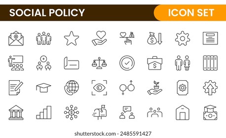 Set of Social Policy and Insuranceline icons. Outline icon collection related to education, insurance, law, goverment and more.