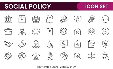 Set of Social Policy and Insuranceline icons. Outline icon collection related to education, insurance, law, goverment and more.