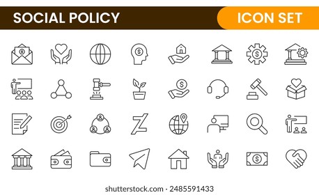 Set of Social Policy and Insuranceline icons. Outline icon collection related to education, insurance, law, goverment and more.