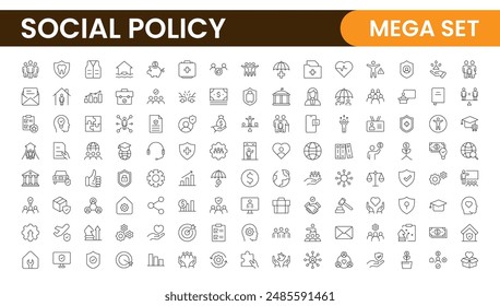 Set of Social Policy and Insuranceline icons. Outline icon collection related to education, insurance, law, goverment and more.