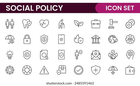 Set of Social Policy and Insuranceline icons. Outline icon collection related to education, insurance, law, goverment and more.