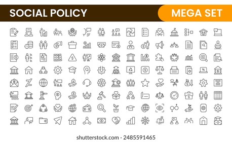 Set of Social Policy and Insuranceline icons. Outline icon collection related to education, insurance, law, goverment and more.