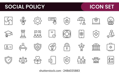 Set of Social Policy and Insuranceline icons. Outline icon collection related to education, insurance, law, goverment and more.