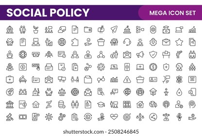 Set of Social Policy and Insuranceline icons. Outline icon collection related to education, insurance, law, goverment and more.