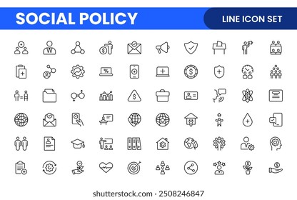 Set of Social Policy and Insuranceline icons. Outline icon collection related to education, insurance, law, goverment and more.