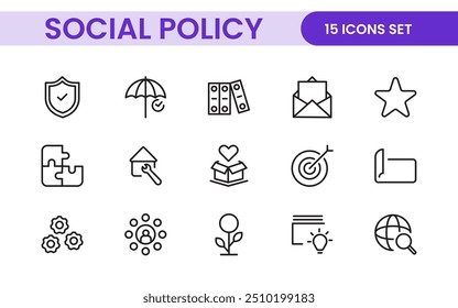 Conjunto de ícones de Política Social e Seguro. Coleção de ícones de tópicos relacionados a educação, seguro, lei, governo e muito mais.