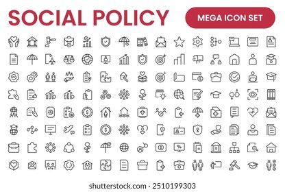 Conjunto de ícones de Política Social e Seguro. Coleção de ícones de tópicos relacionados a educação, seguro, lei, governo e muito mais.