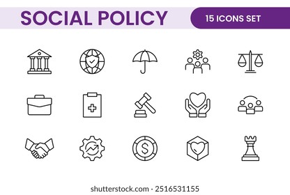 Conjunto de iconos de política social y línea de seguro. Describe la colección de íconos relacionados con la educación, los seguros, la ley, el gobierno y más.