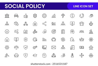 Conjunto de ícones de Política Social e Seguro. Coleção de ícones de tópicos relacionados a educação, seguro, lei, governo e muito mais.
