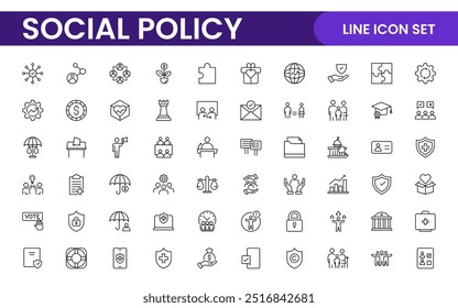 Set of Social Policy and Insuranceline icons. Outline icon collection related to education, insurance, law, goverment and more.