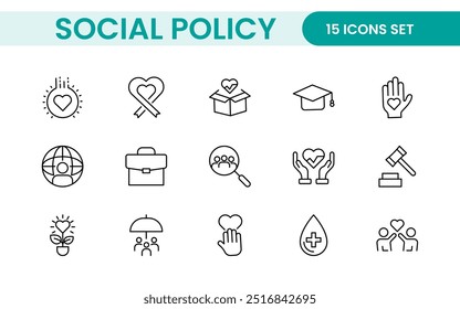 Conjunto de ícones de Política Social e Seguro. Coleção de ícones de tópicos relacionados a educação, seguro, lei, governo e muito mais.