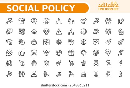 Set of Social Policy and Insuranceline icons. Outline icon collection related to education, insurance, law, goverment and more.