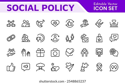 Conjunto de ícones de Política Social e Seguro. Coleção de ícones de tópicos relacionados a educação, seguro, lei, governo e muito mais.